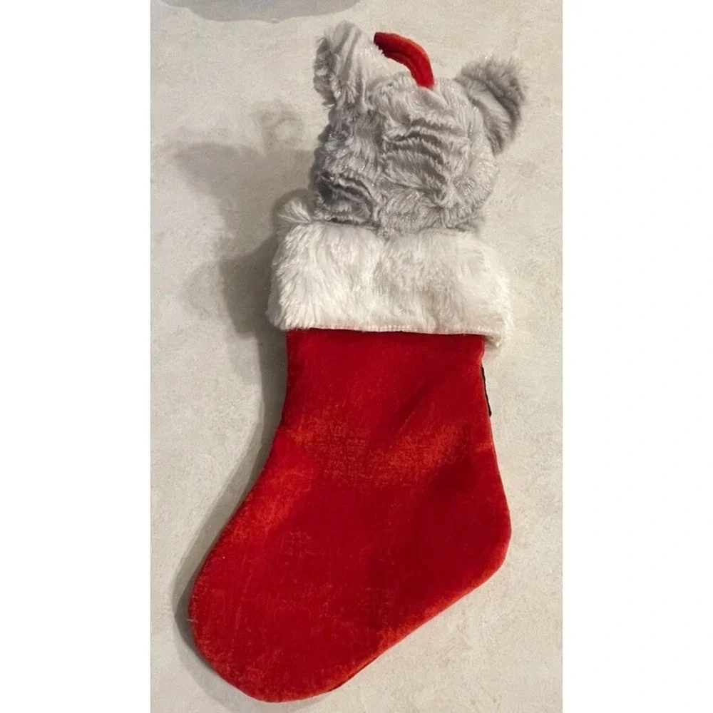 Vintage Plush Cat Christmas Stocking Black Santa Belt